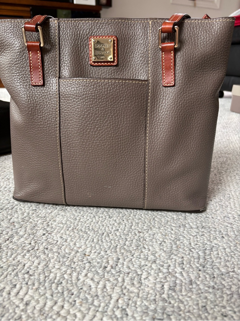 Dooney & Bourke Taupe Pebbled Leather Tote with Brown Trim